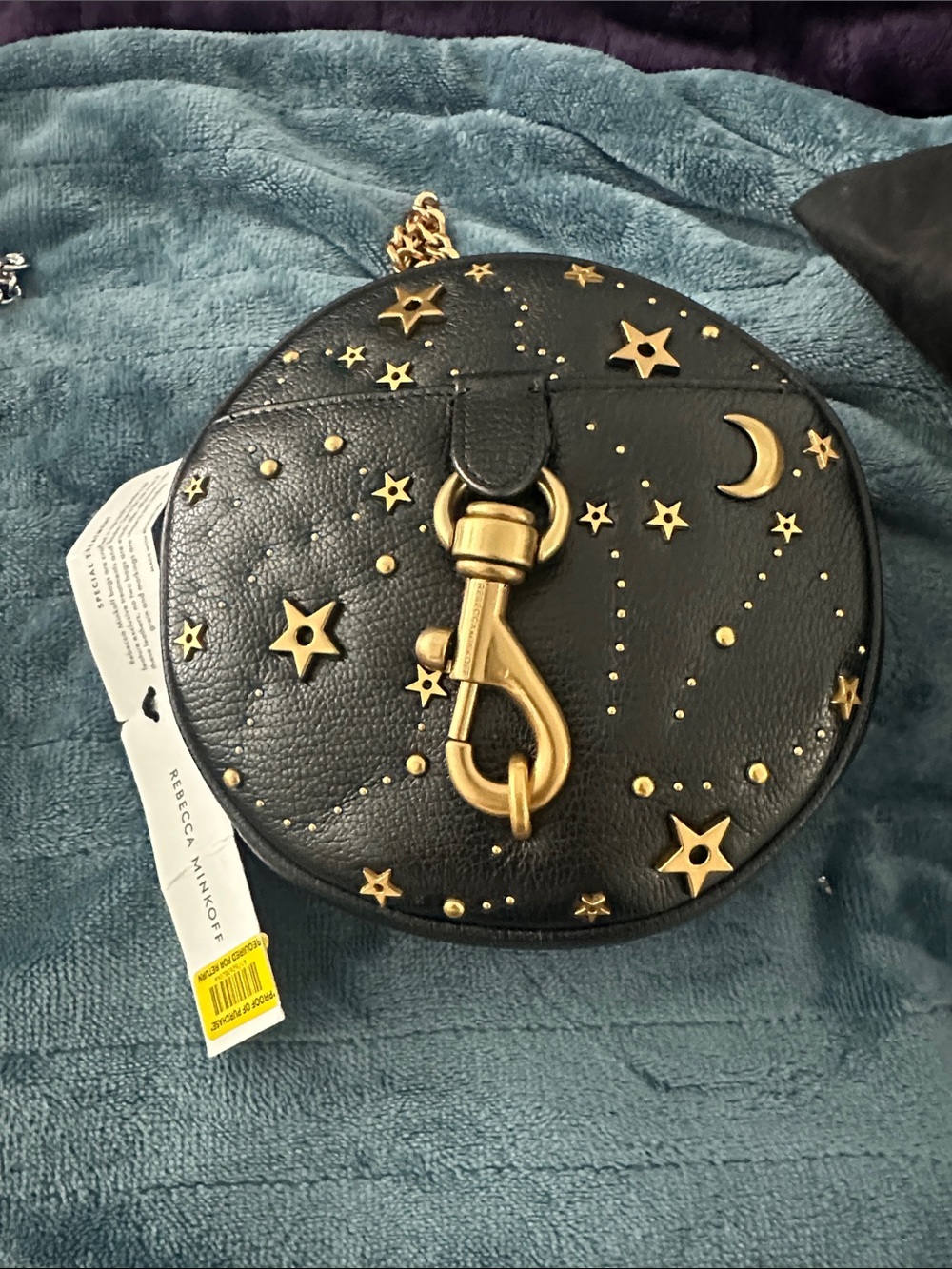 Rebecca Minkoff Black Round Crossbody with Gold Star & Moon Accents